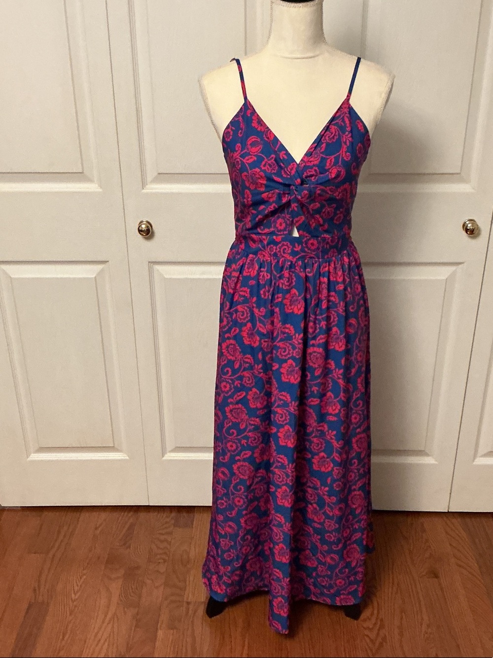 Cupshe Blue Maxi Dress with Pink Floral Print and Knotted Front